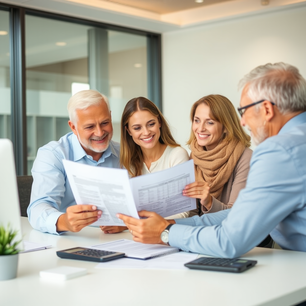 Familia revisando documentos hipotecarios con asesor financiero en oficina moderna, mostrando papeles y calculadora sobre escritorio