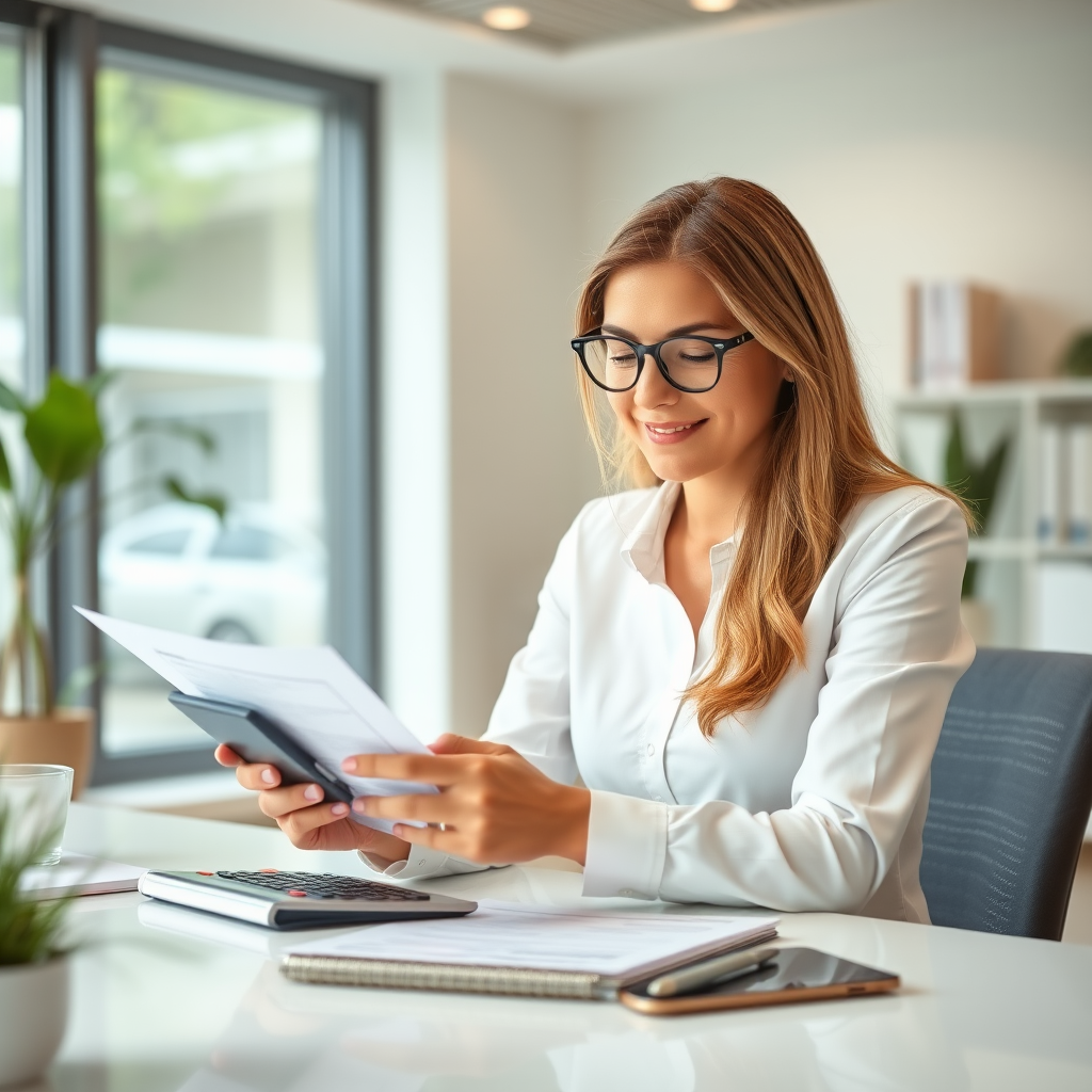 Asesor financiero con calculadora y documentos trabajando en refinanciación de préstamos en oficina moderna