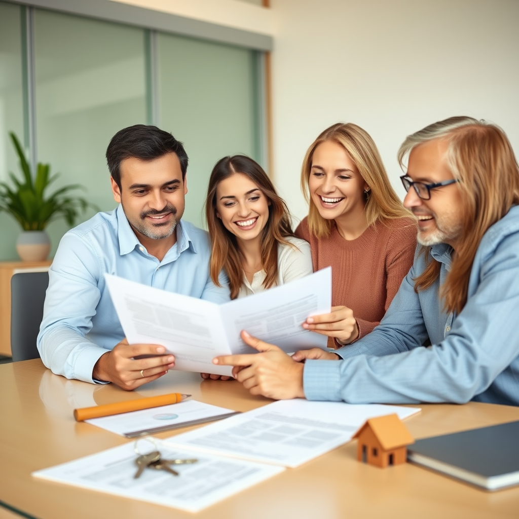 Familia argentina feliz revisando documentos hipotecarios con asesor inmobiliario en oficina, llaves de casa y contratos sobre escritorio